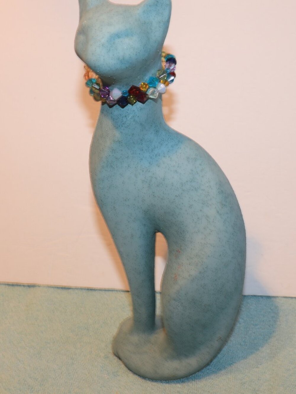 Green Textured Speckled Cat Statue Ceramic Figurine MCM W/Necklace 12"